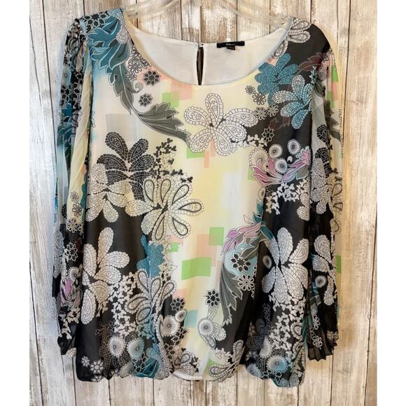 Milano Floral Pleated Flutter Sleeve Blouson Top Size Large - Picture 1 of 8